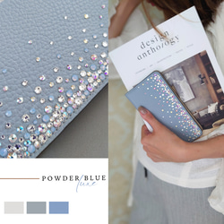 スワロフスキーラインストーンデコレーション本革手帳型スマホケース【パウダーブルー】 3枚目の画像