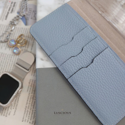 スワロフスキーラインストーンデコレーション本革手帳型スマホケース【パウダーブルー】 8枚目の画像