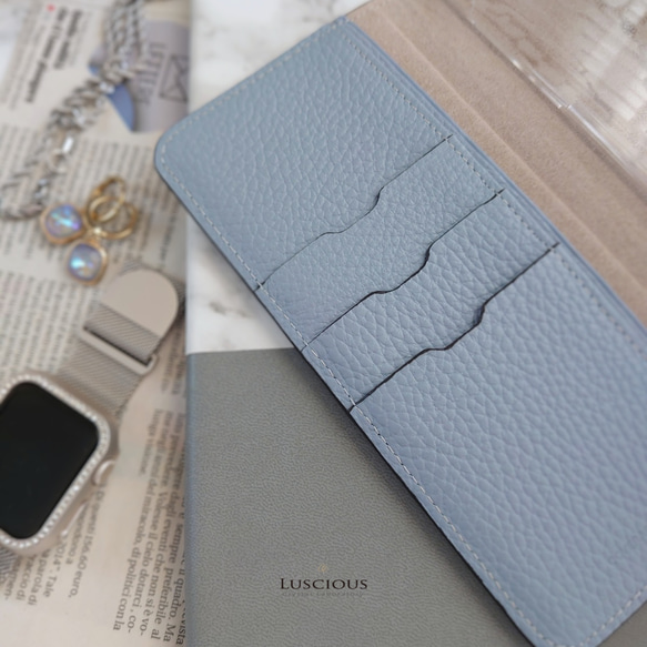スワロフスキーラインストーンデコレーション本革手帳型スマホケース【パウダーブルー】 8枚目の画像