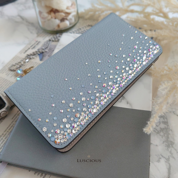 スワロフスキーラインストーンデコレーション本革手帳型スマホケース【パウダーブルー】 9枚目の画像