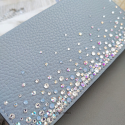 スワロフスキーラインストーンデコレーション本革手帳型スマホケース【パウダーブルー】 6枚目の画像