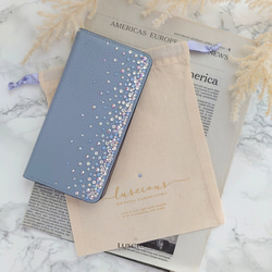 スワロフスキーラインストーンデコレーション本革手帳型スマホケース【パウダーブルー】 10枚目の画像