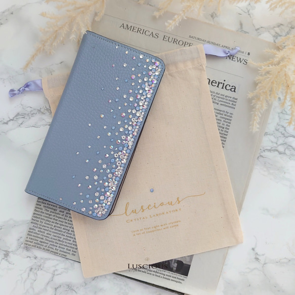 スワロフスキーラインストーンデコレーション本革手帳型スマホケース【パウダーブルー】 10枚目の画像