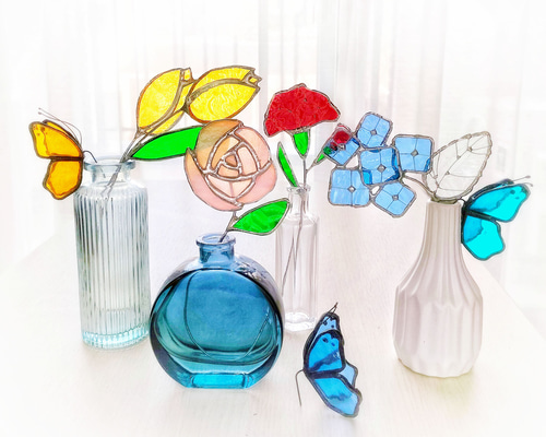 ステンドグラスの花ギフト チューリップ・あじさい・バラ