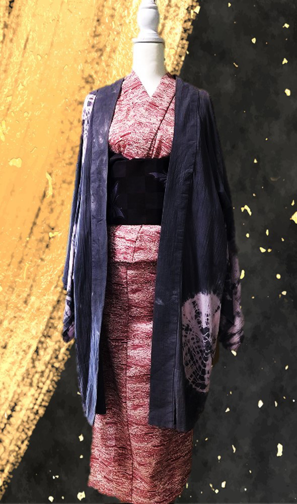 浪漫　ウール混綿赤の柄着物