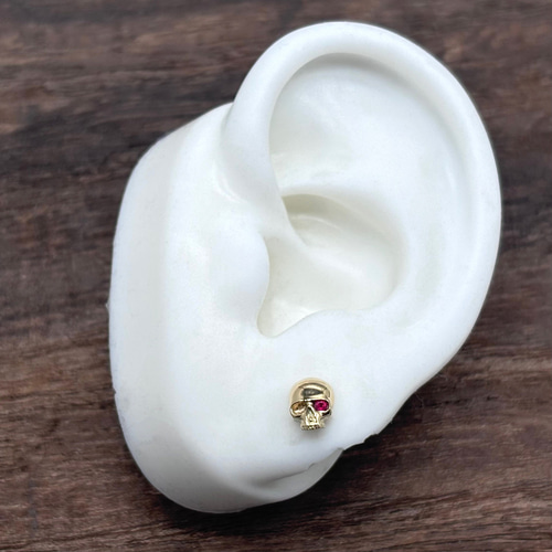 スカル 18金ピアス メンズ/ルビー 片耳用/セカンドピアス つけっ