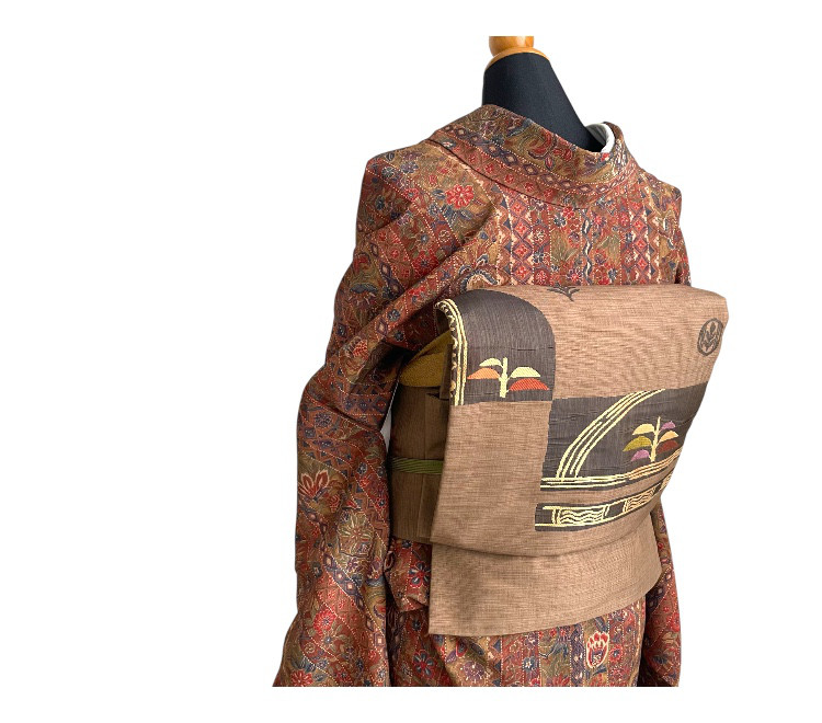 【手軽にお太鼓-作り帯】正絹　名古屋帯　紬　ポイント柄　茶