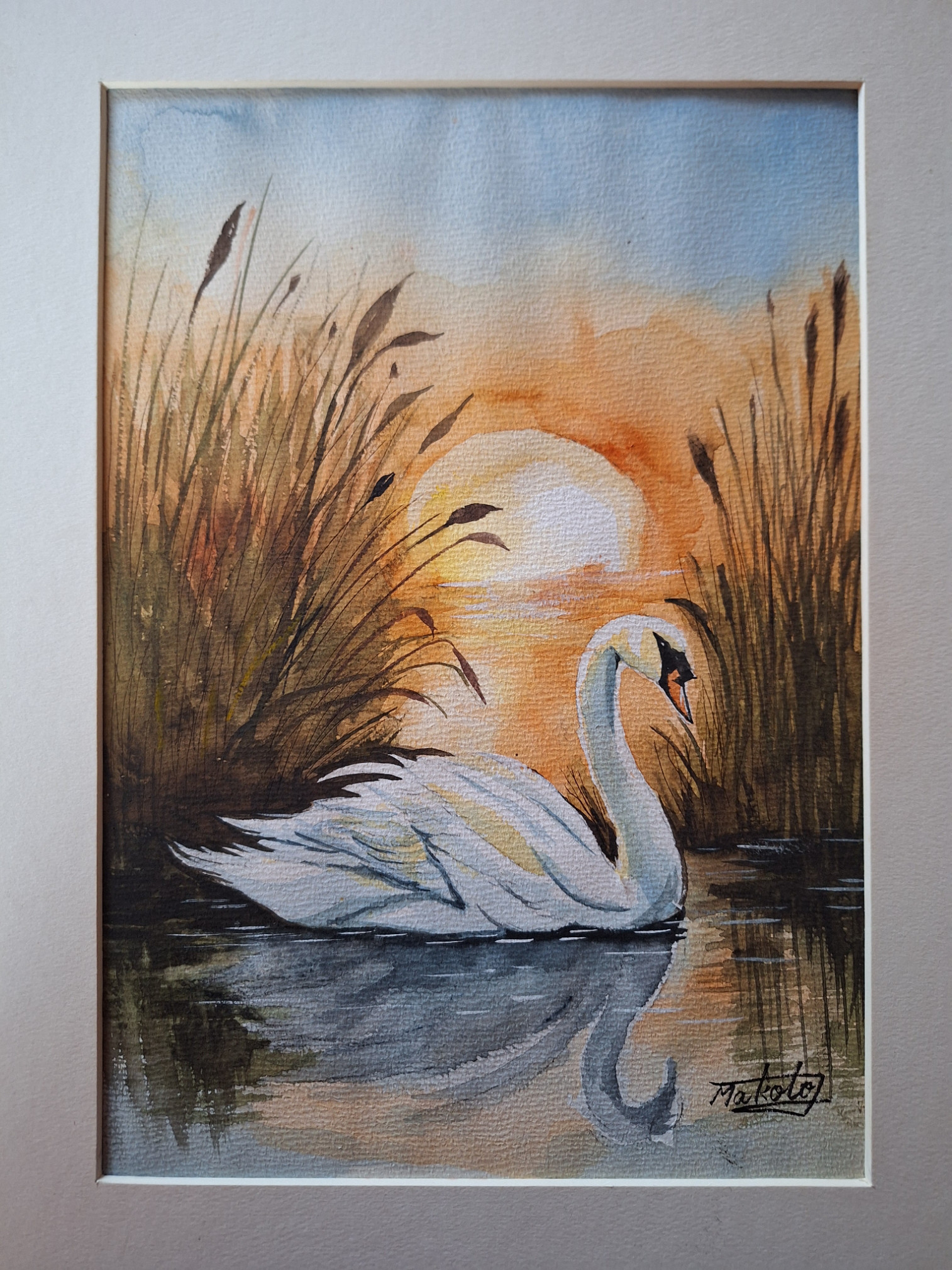 水彩画 夕陽に染まる白鳥 絵画 makochin 通販 18822571｜Creema