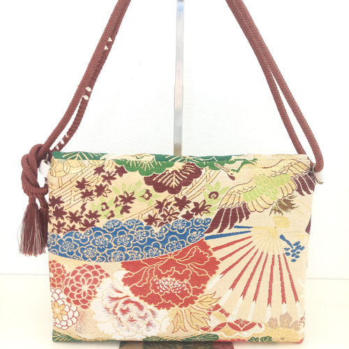 袋帯 帯リメイクバッグ 蓋つき2wayバッグ 鶴と松 クラッチバッグ 繕う