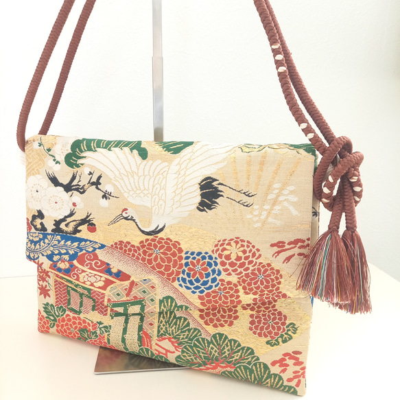 袋帯 帯リメイクバッグ 蓋つき2wayバッグ 鶴と松 クラッチバッグ 繕う