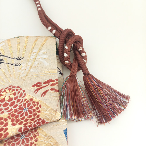 袋帯 帯リメイクバッグ 蓋つき2wayバッグ 鶴と松 クラッチバッグ 繕う