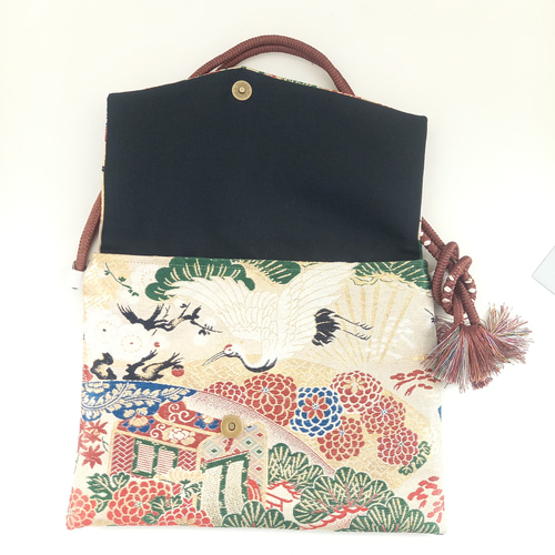 袋帯 帯リメイクバッグ 蓋つき2wayバッグ 鶴と松 クラッチバッグ 繕う