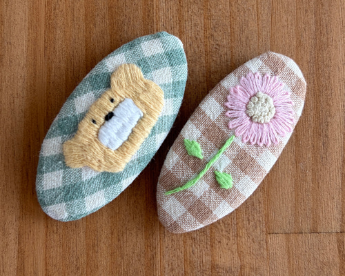 刺繍パッチンピン 2個セット お花 くまちゃん ぱっちんピン ヘアピン