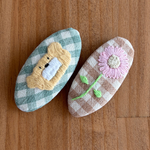 刺繍パッチンピン 2個セット お花 くまちゃん ぱっちんピン ヘアピン