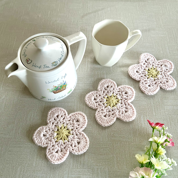 梅 桃の花 手編み ドイリー コースター 茶托 ガーランド アップリケ 3