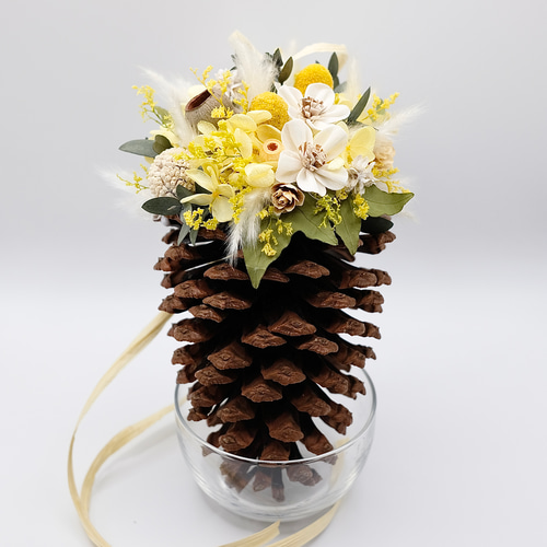 スプリングイエローの松ぼっくり飾り 春限定2025 ドライフラワー titi