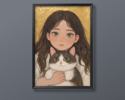 絵画　油絵　F3-031119　祈り 可愛い子猫と女の子 絵画 油絵 F3-031019 祈り 可愛い子猫と女の子