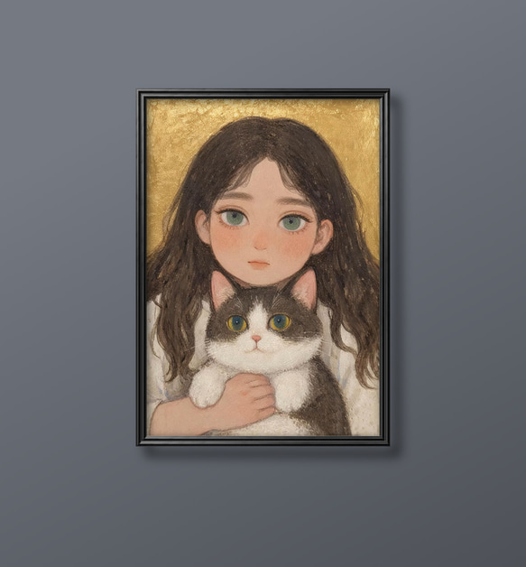 絵画 インテリア 額付(黒) 油絵 uF6-070519 可愛い子猫と女の子 絵画額付(黒）油絵uF6-070519可愛い子猫と女の子