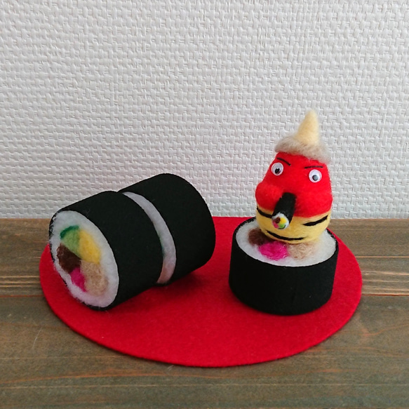 節分飾りB 赤鬼 恵方巻き 羊毛フェルト 置物 羊毛フェルト あでりー