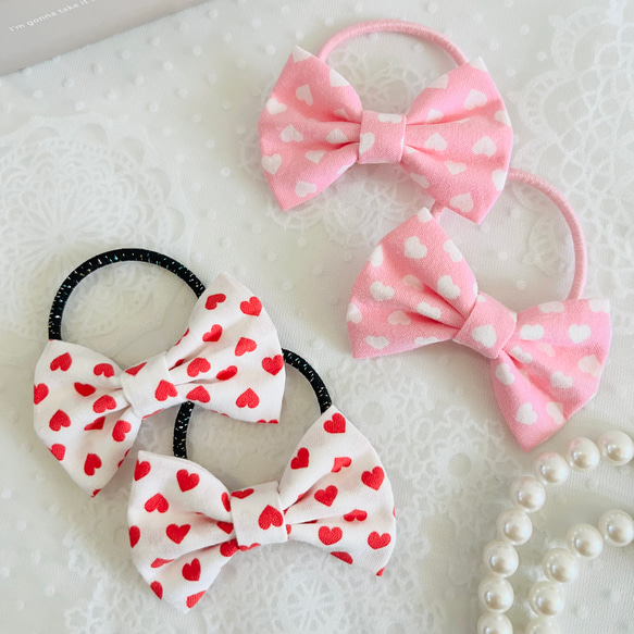 ハート柄 リボンヘアゴム キッズ 】 子供 ヘアアクセサリー 布リボン
