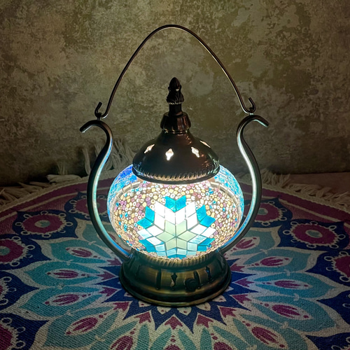 トルコモザイクランプ 充電式ブルー（オリジナルデザインガラス