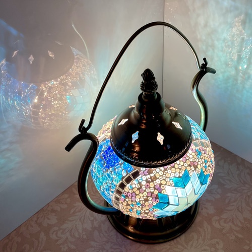 トルコモザイクランプ 充電式ブルー（オリジナルデザインガラス