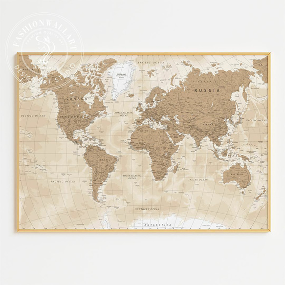 アートポスター レトロ世界地図 ベージュ ブラウン ナチュラルカラー