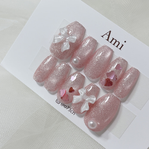 ネイルチップ＊enoiフラッシュマグネット ガーリー 淡色 ピンク リボン