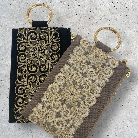 インド刺繍リボン カラビナポーチ 【撥水生地】UBG-6 ベージュ