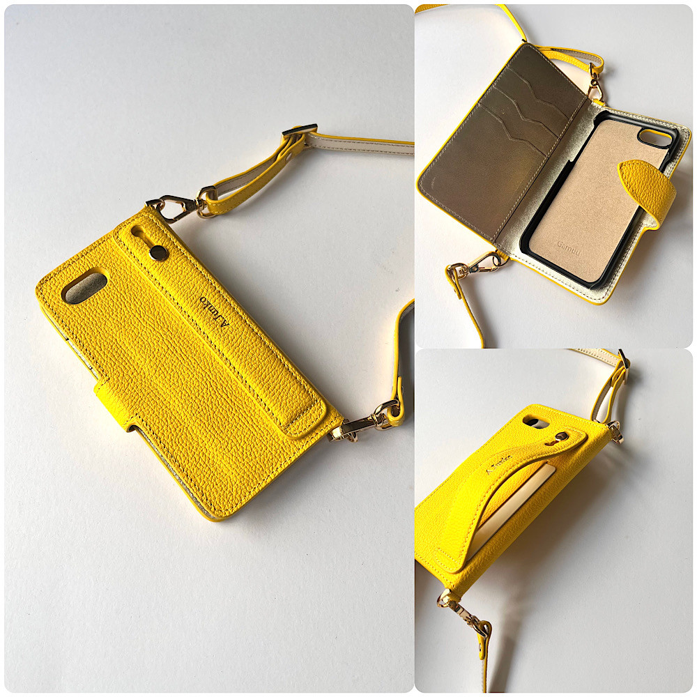 本革手帳型iPhoneケース 　名入れ可　カード収納　ハンドベルト付き　yellow+lightgold