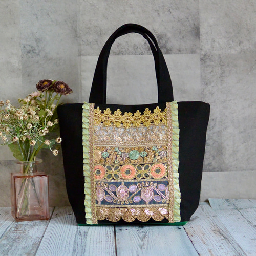 キラキラ煌びやかなインド刺繍リボンのトートバッグ【Sサイズ】 トート