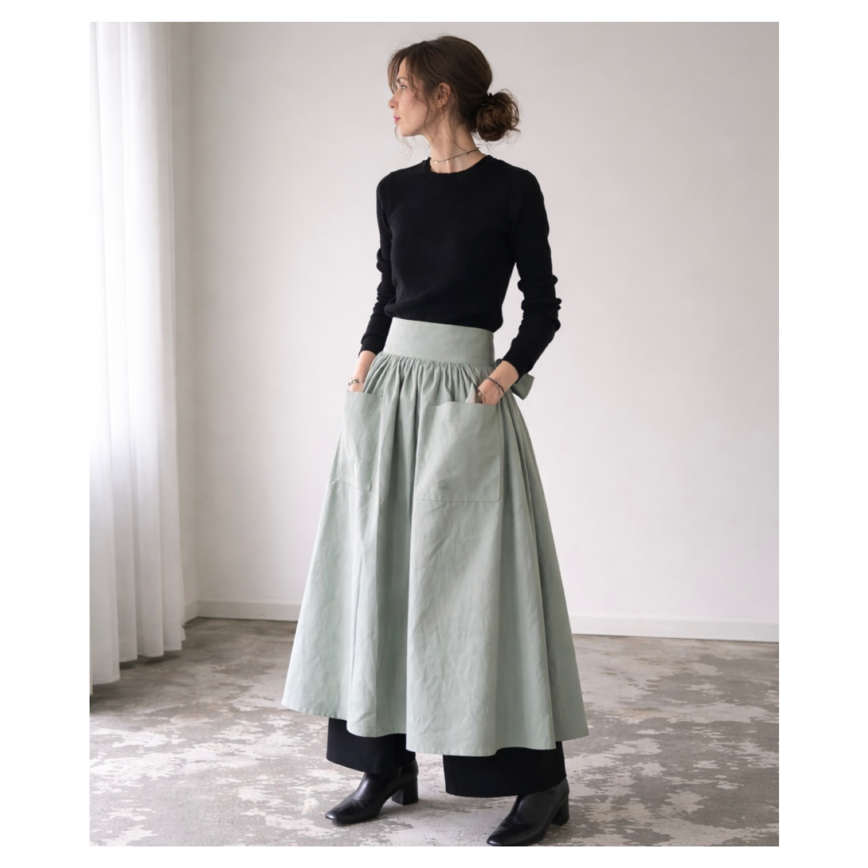 コットンリネンギャザーカフェエプロン／おうち時間もお洒落に過ごすリネンエプロン／くすみパステルカラーのノーブルミント