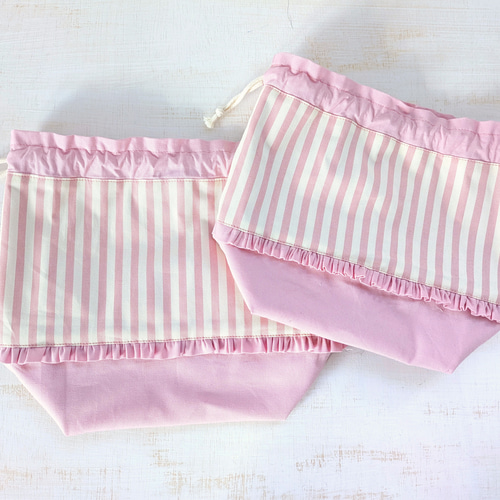 2サイズ】フリルストライプのお弁当袋〚オーダー可〛／保育園・幼稚園