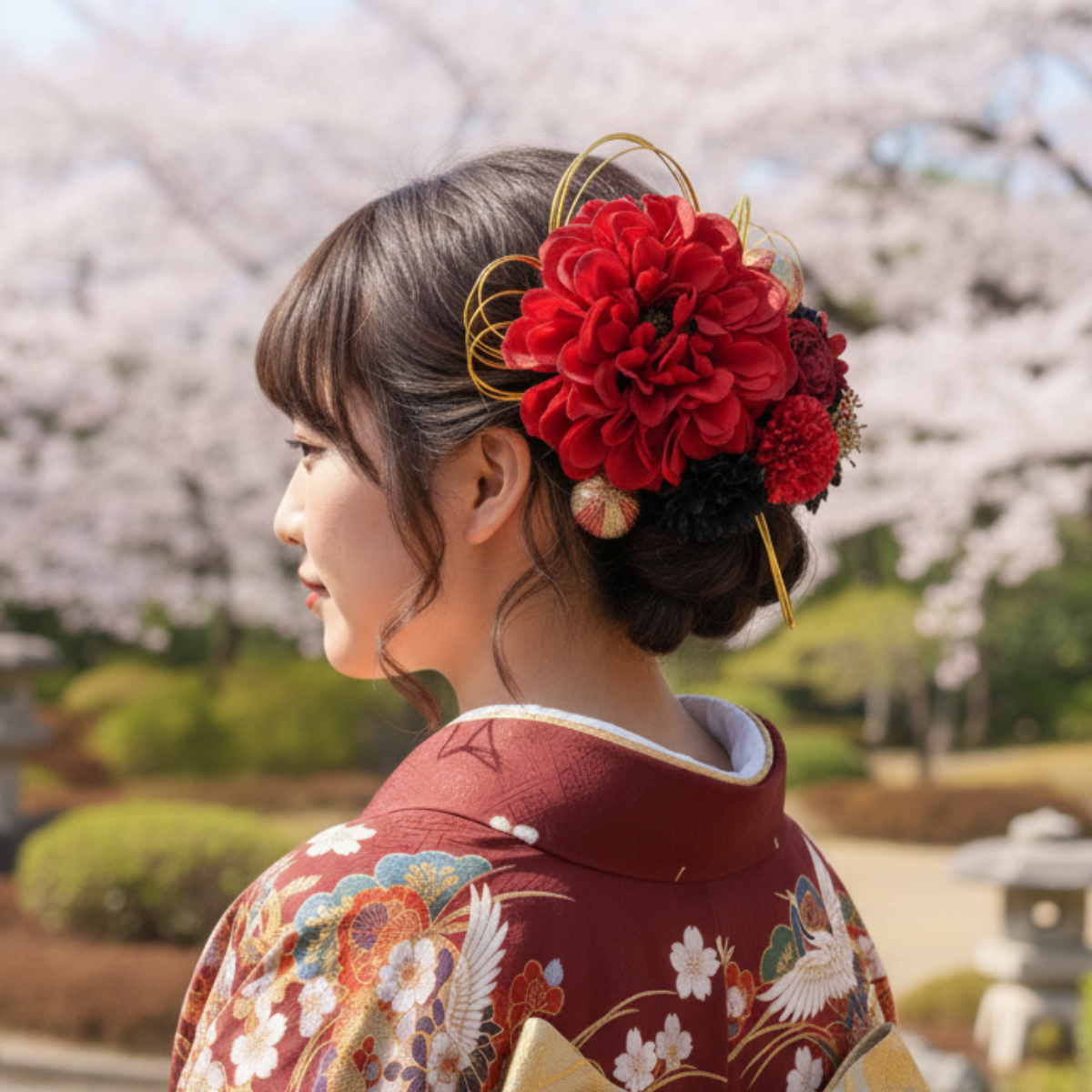 赤ダリアと黒紫陽花の髪飾り 成人式 卒業式 前撮り 結婚式 和装 髪かざり プリザーブド 振袖 ヘッドドレス 七五三
