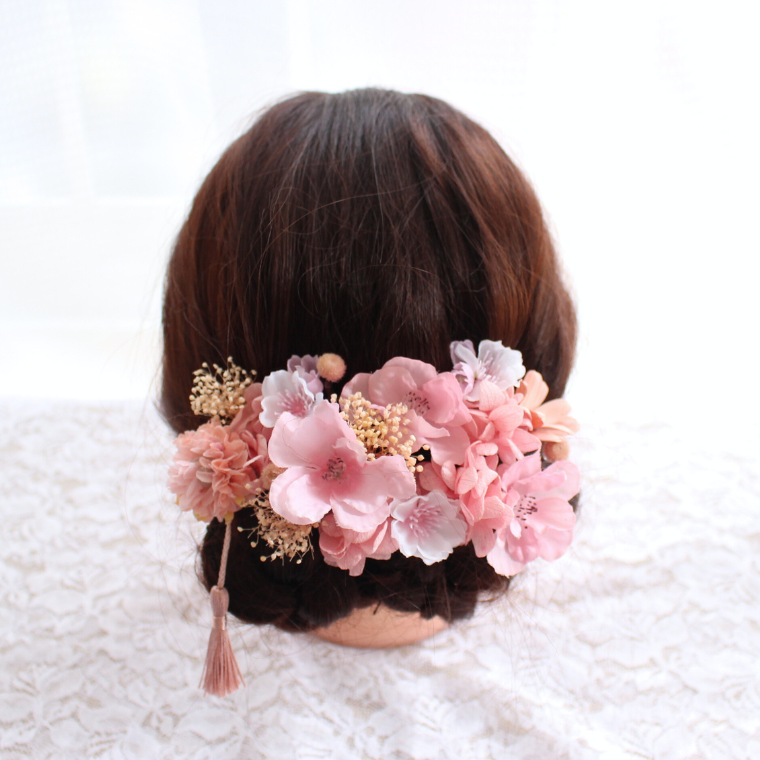 桜と紫陽花の髪飾り 卒業式 成人式 結婚式 髪かざり プリザーブドフラワー ヘッドドレス さくら 振袖 花