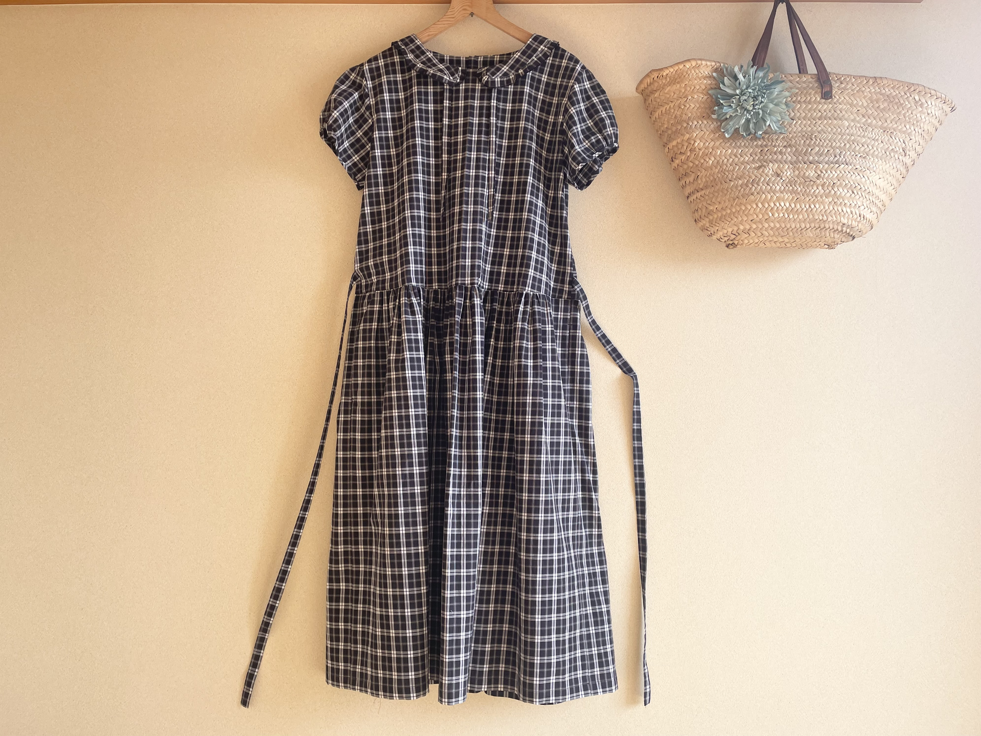 ❤︎１点もの❤︎フリル襟チェック柄半袖ワンピース