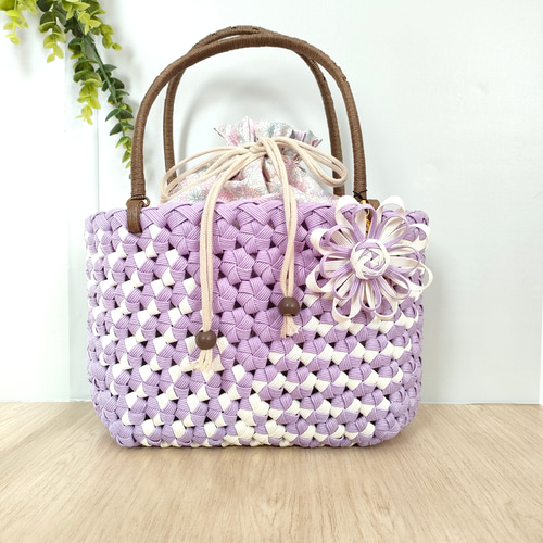 花編みかごバッグM パステルパープル×ミルク柄入り クラフトバンド