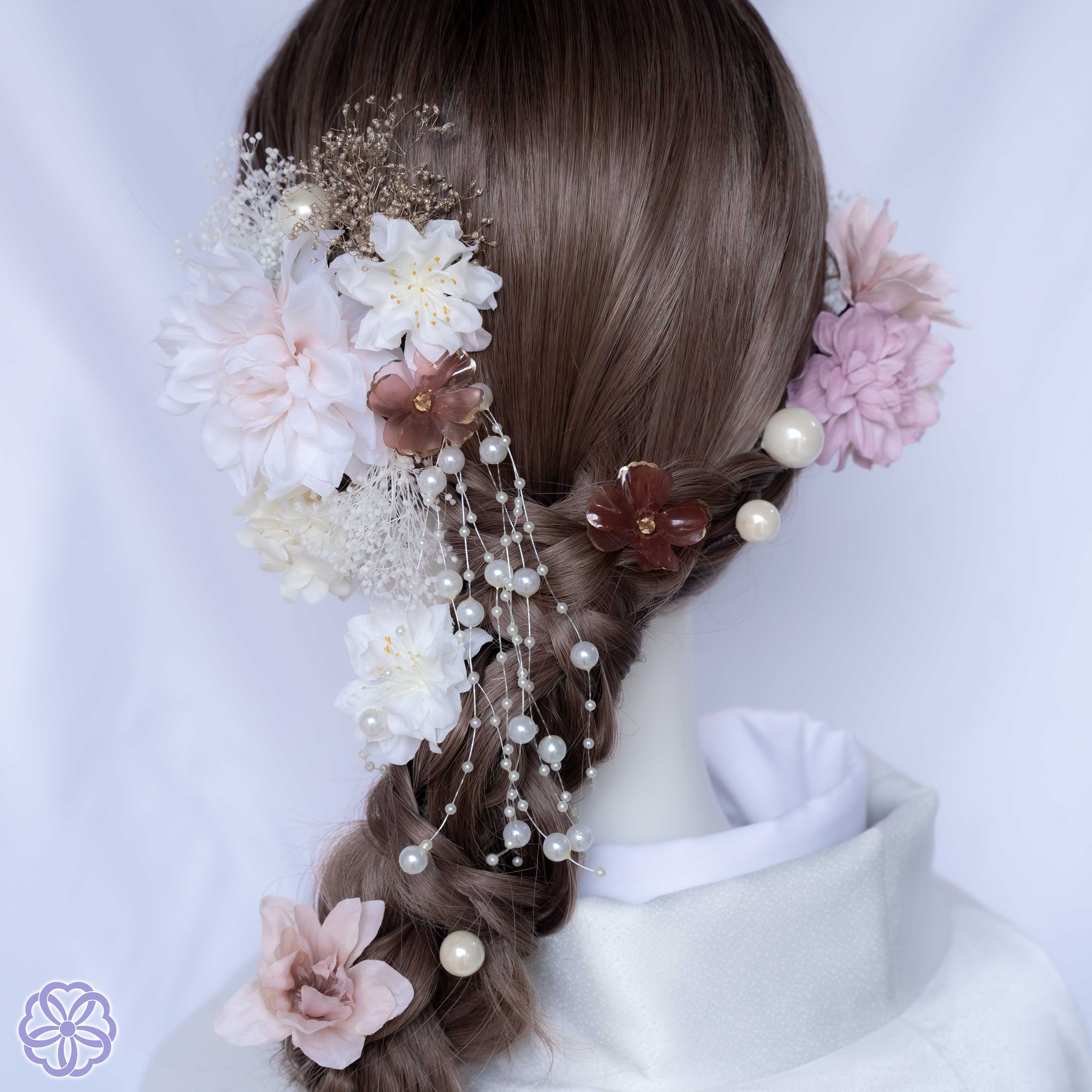ホワイトピンクと枝垂れパール　No.WP72 髪飾り　成人式　卒業式　結婚式　振袖　和装　袴　紫