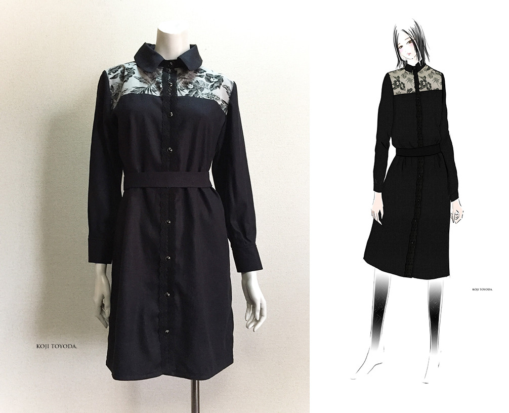 【1点もの・デザイン画付き】綿ジャガード生地切り替えネイビーシャツ型ワンピース（KOJI TOYODA）