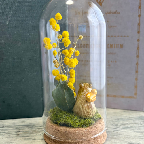 動物たちの後ろ姿も可愛いミモザのガラスドーム フラワーギフト