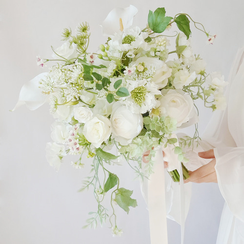 ブーケ・ブートニア Rerere ウェディングブーケ&ブートニアset green white クラッチブーケ