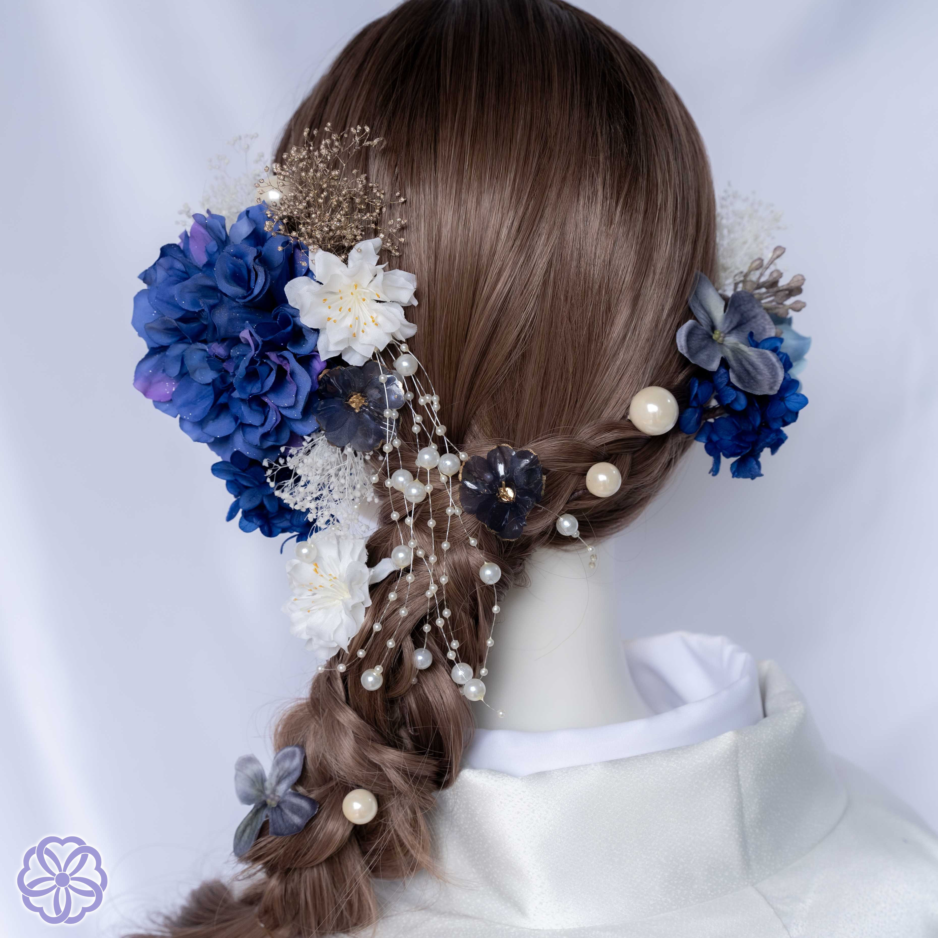 ブルーダリアと枝垂れパール　No.BR60 髪飾り　成人式　卒業式　結婚式　振袖　和装　袴　青