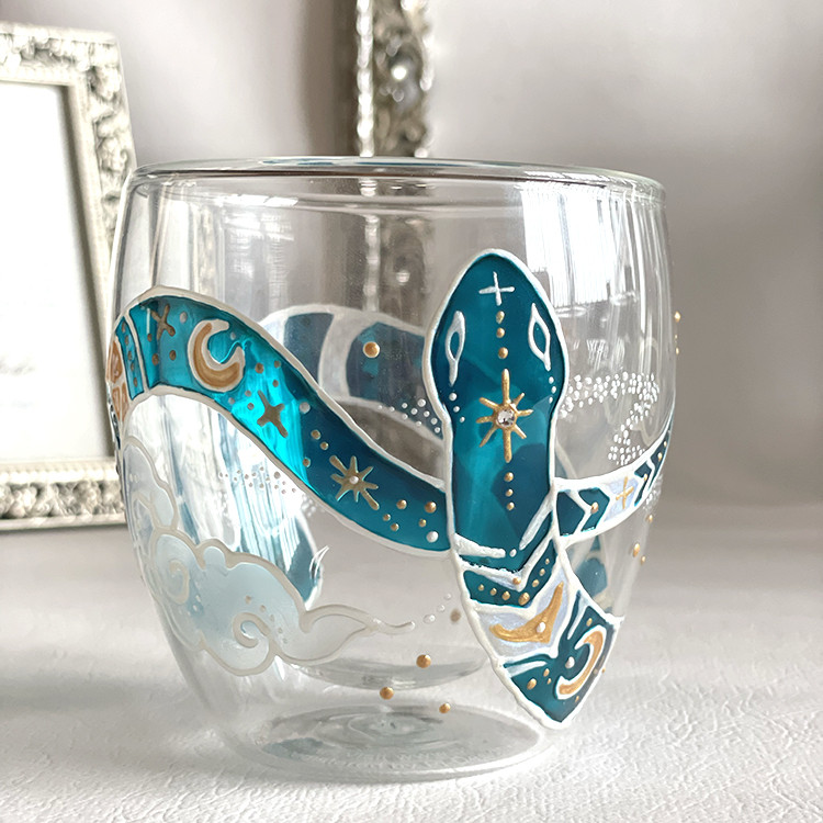 ラインストーン輝く神秘的な青蛇　Wウォール耐熱グラス　手描き/記念日/お祝い/名入れ（有料）