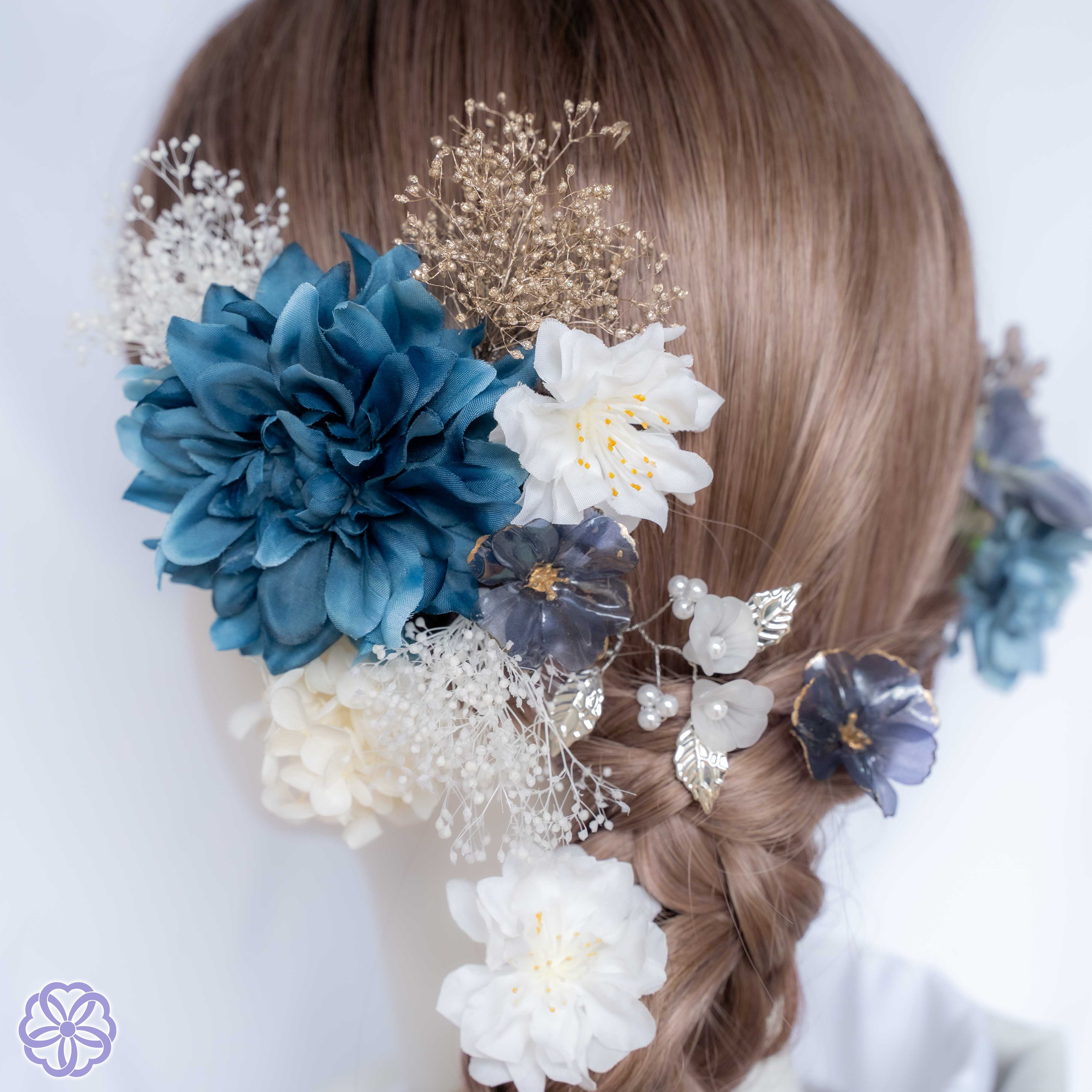 ネイビーブルーと小枝　No.NB21 髪飾り　成人式　卒業式　結婚式　振袖　和装　袴　青