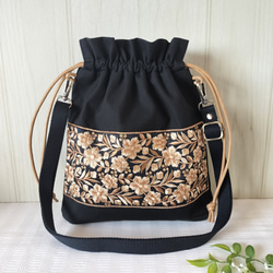 巾着バッグ ポシェット インド刺繍リボン(ゴールド) お出かけやお散歩