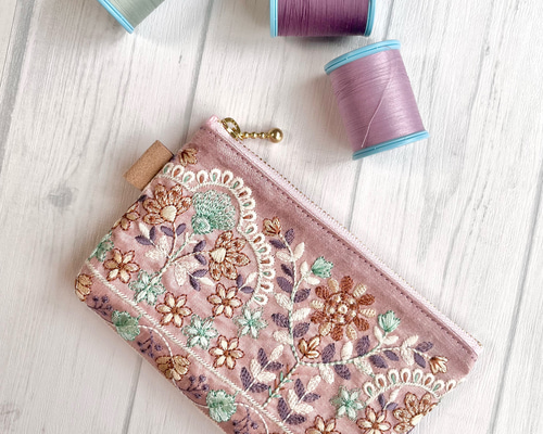 リップポーチ ポーチ ミニポーチ インド刺繍 リボン ピンク 927-1