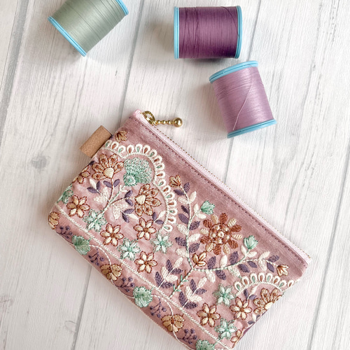 インド刺繍シルクリボンのポーチ/ピンクパープル×パープル ポーチ