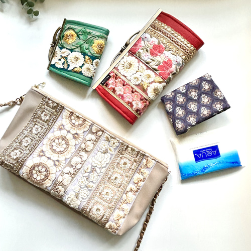 インド刺繍リボン ショルダーバッグ 2wayでポーチにも