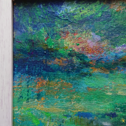 原画 うすくらがり～緑 インテリア 森林モチーフ 湖 抽象画 風景