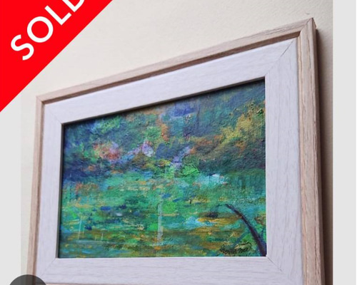 原画 うすくらがり～緑 インテリア 森林モチーフ 湖 抽象画 風景画